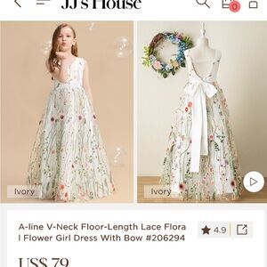 Two JJs House Ivory Floral Embroidered Kids Dresses sizes 5 and 7